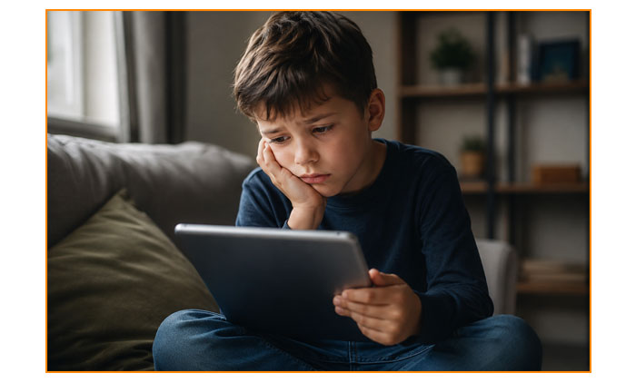 Unhappy child using a tablet